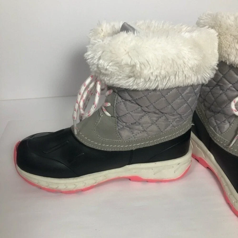 Womens Winter Snow Boots‎ Gray Quilted Faux Fur Trim Lace Up Size 3